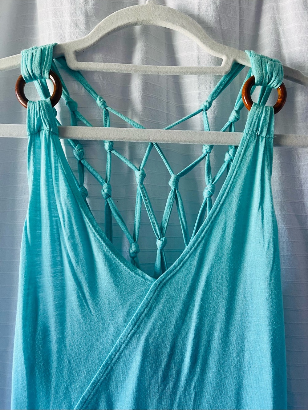 Turquoise Aqua Macramé-Back Tank with Wooden Ring Accents - Picture 2 of 4